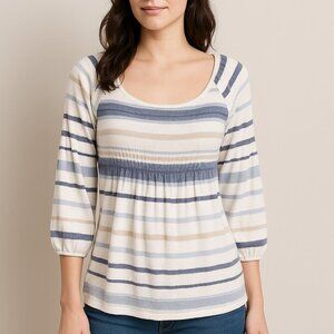 Anthropologie Meadow Rue Smocked Peasant Top with White, Blue and Tan Stripes SM